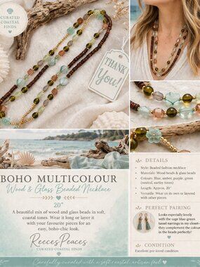 Coastal Boho Beaded Necklace Wood Glass 20” Layering Resort